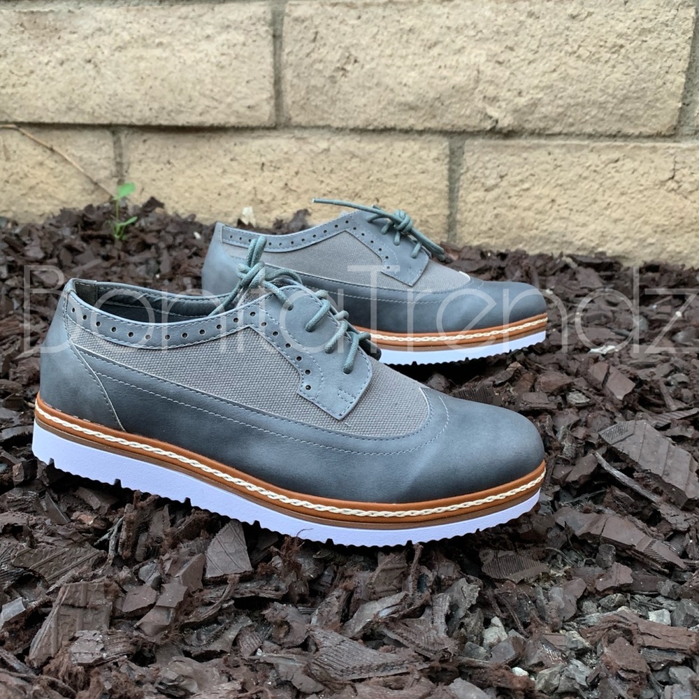 Gray Wing Tip White Sole Oxfords